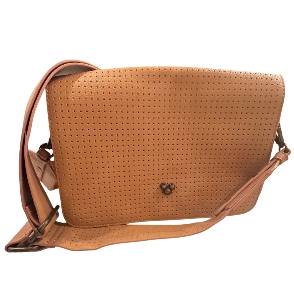 Disney Flair Collection Perforated Crossbody Tan Mickey Mouse Accent Wide Strap‎